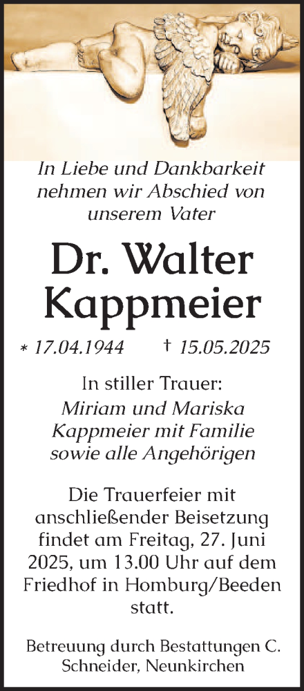  Traueranzeige für Walter Kappmeier vom 21.06.2025 aus saarbruecker_zeitung