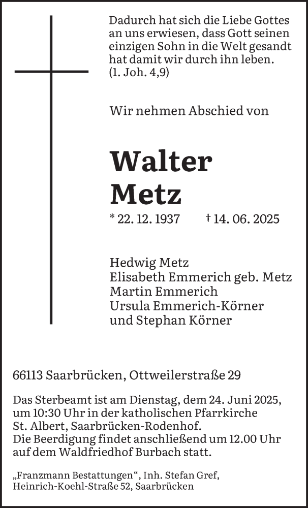  Traueranzeige für Walter Metz vom 21.06.2025 aus saarbruecker_zeitung