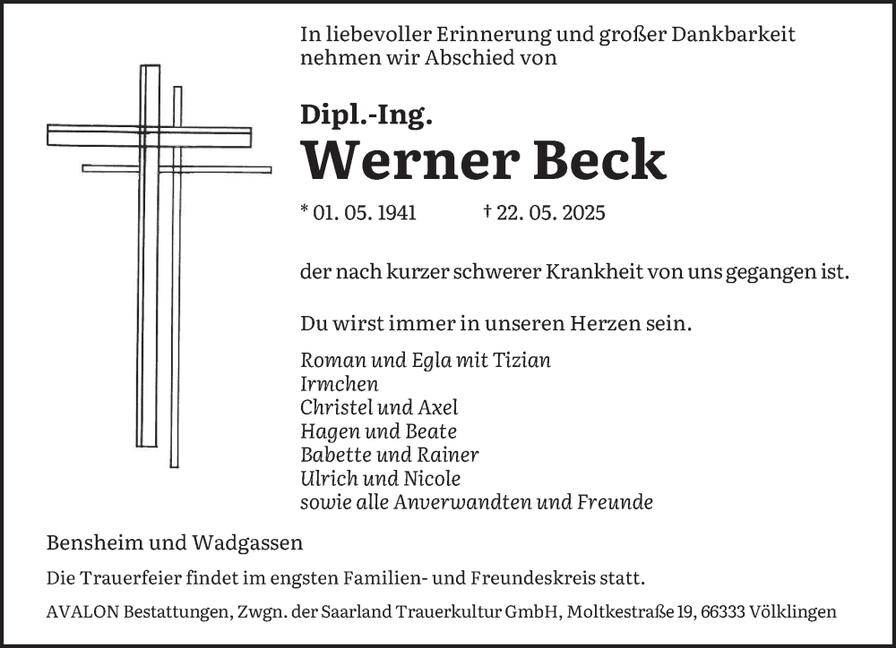  Traueranzeige für Werner Beck vom 31.05.2025 aus saarbruecker_zeitung