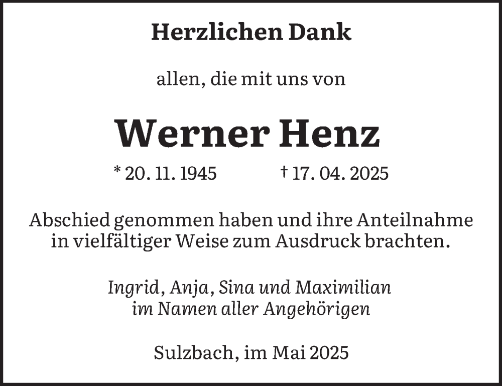  Traueranzeige für Werner Henz vom 31.05.2025 aus saarbruecker_zeitung