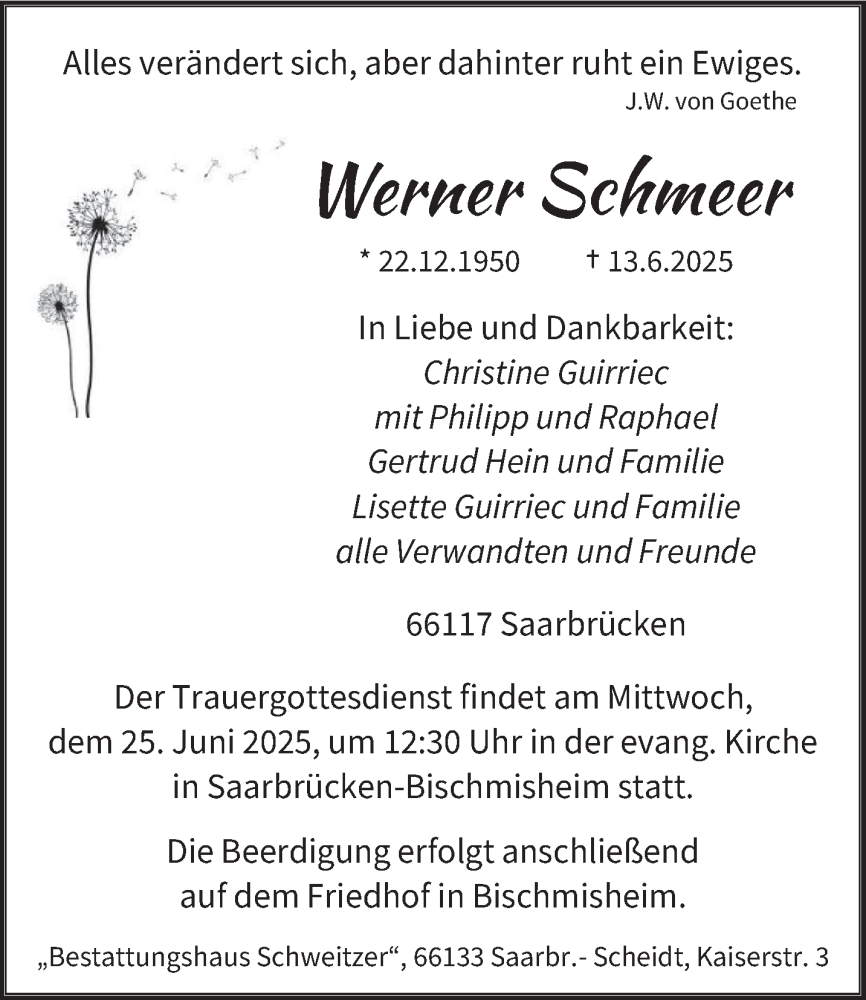  Traueranzeige für Werner Schmeer vom 21.06.2025 aus saarbruecker_zeitung