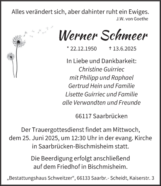 Traueranzeige von Werner Schmeer von saarbruecker_zeitung