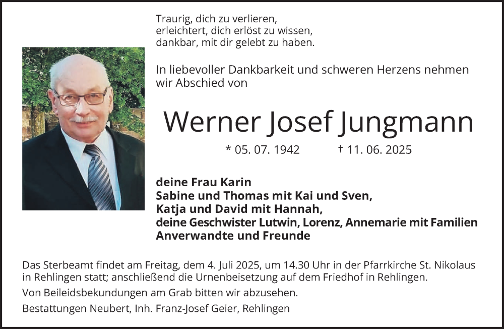  Traueranzeige für Werner Josef Jungmann vom 28.06.2025 aus saarbruecker_zeitung