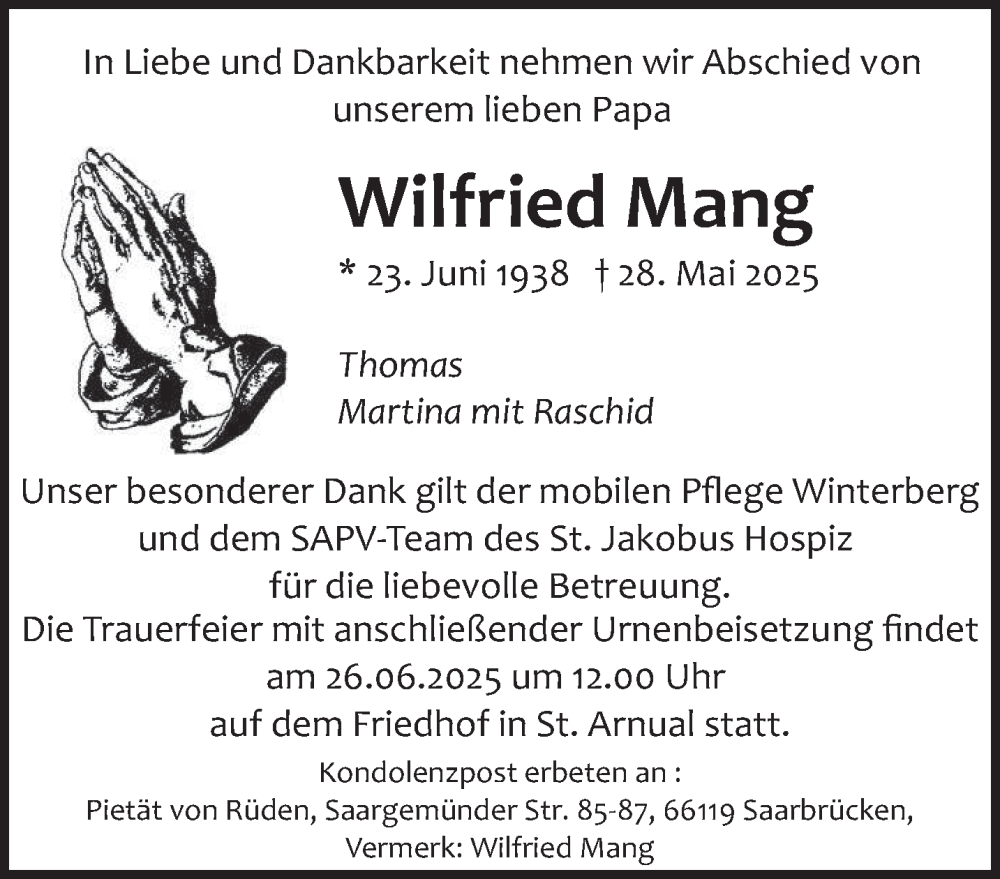  Traueranzeige für Wilfried Mang vom 21.06.2025 aus saarbruecker_zeitung