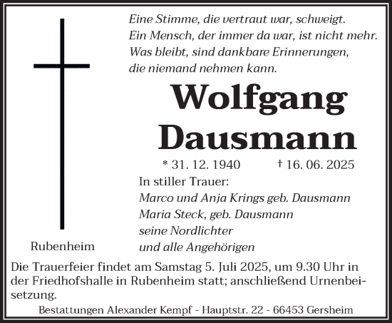 Traueranzeige von Wolfgang Dausmann von saarbruecker_zeitung