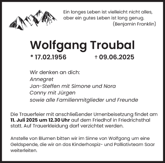 Traueranzeige von Wolfgang Troubal von saarbruecker_zeitung
