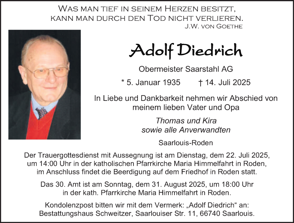  Traueranzeige für Adolf Diedrich vom 19.07.2025 aus saarbruecker_zeitung