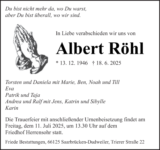 Traueranzeige von Albert Röhl von saarbruecker_zeitung