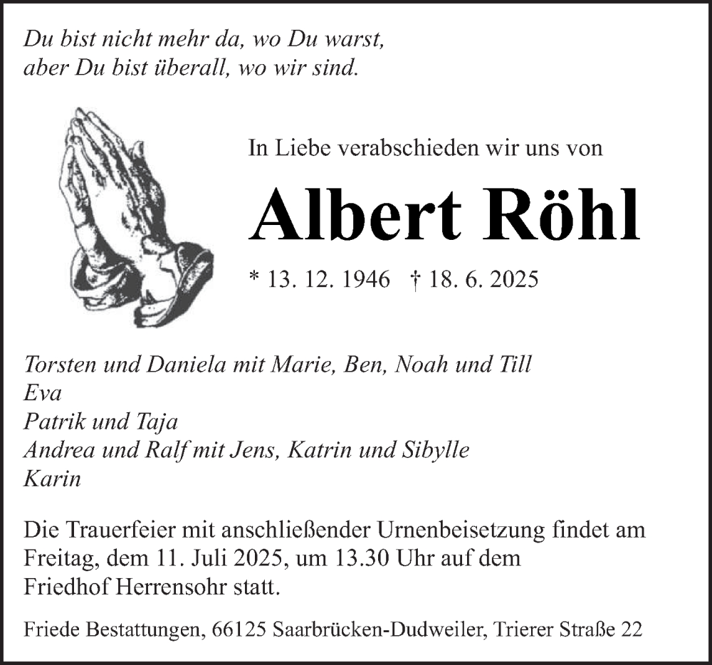  Traueranzeige für Albert Röhl vom 05.07.2025 aus saarbruecker_zeitung