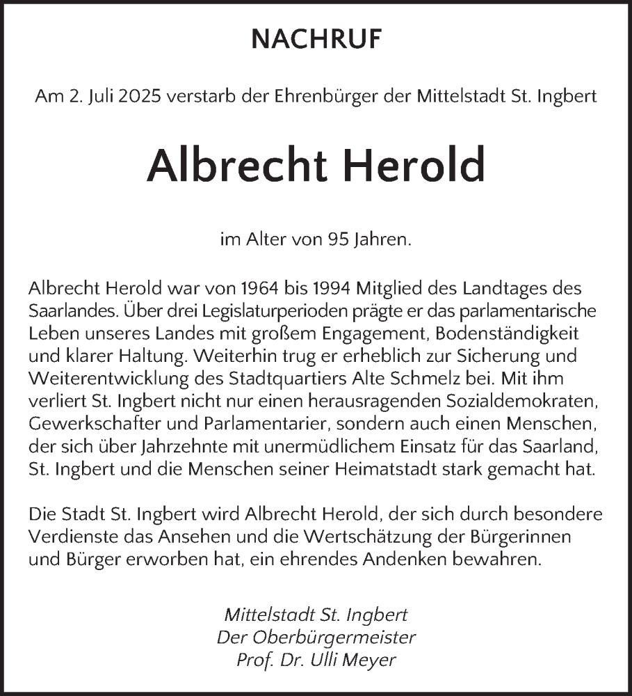  Traueranzeige für Albrecht Herold vom 12.07.2025 aus saarbruecker_zeitung