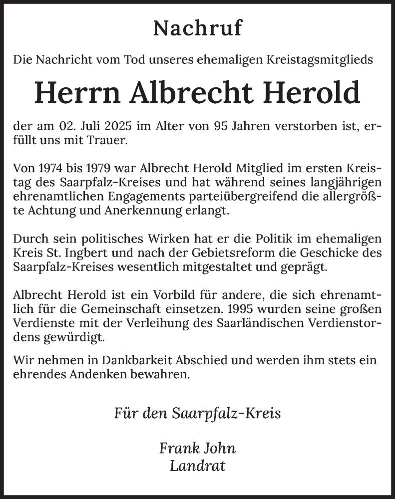 Traueranzeige für Albrecht Herold vom 12.07.2025 aus saarbruecker_zeitung