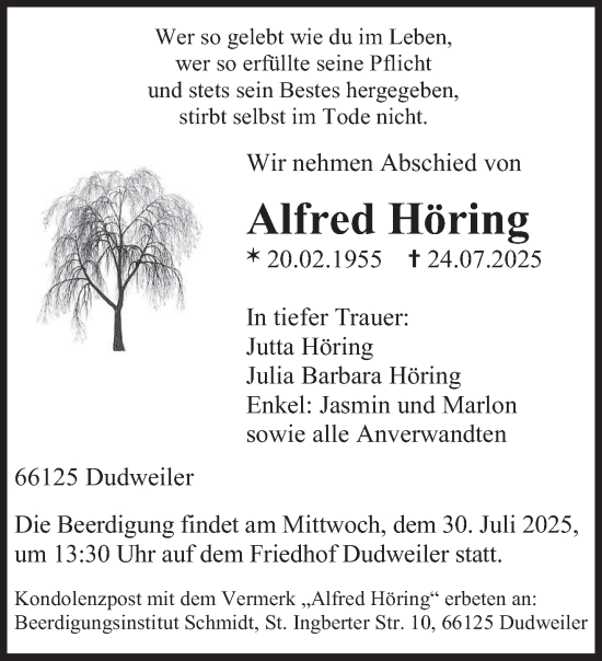 Traueranzeige von Alfred Höring von saarbruecker_zeitung