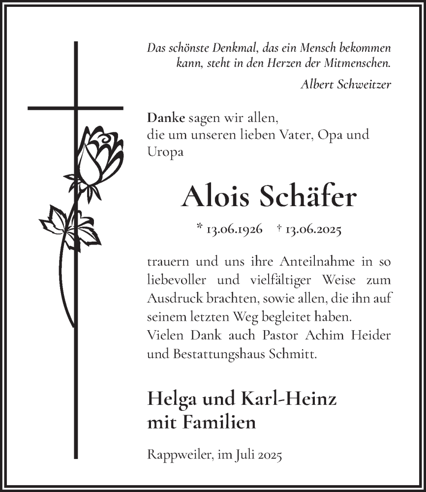  Traueranzeige für Alois Schäfer vom 02.07.2025 aus saarbruecker_zeitung