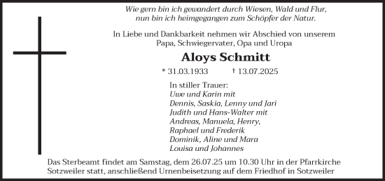 Traueranzeige von Aloys Schmitt von saarbruecker_zeitung
