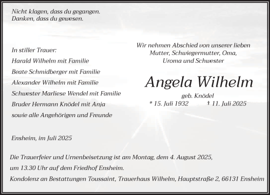Traueranzeige von Angela Wilhelm von saarbruecker_zeitung