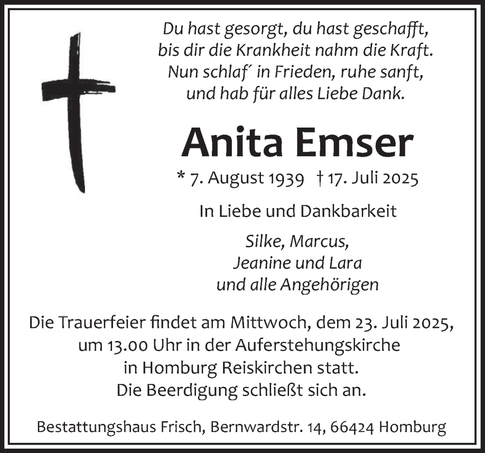  Traueranzeige für Anita Emser vom 19.07.2025 aus saarbruecker_zeitung