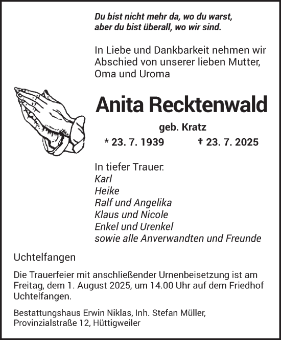 Traueranzeige von Anita Recktenwald von saarbruecker_zeitung