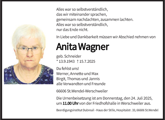 Traueranzeige von Anita Wagner von saarbruecker_zeitung