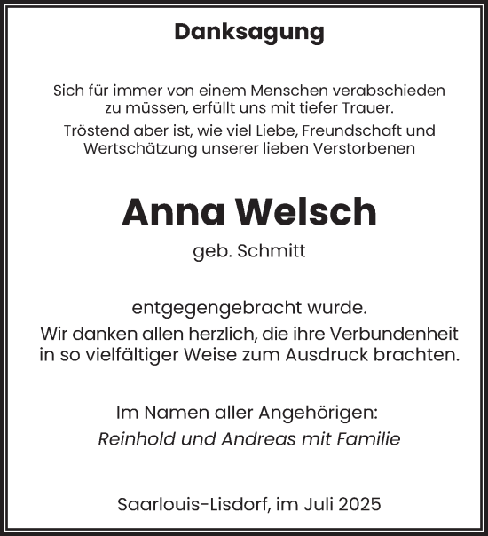 Traueranzeige von Anna Welsch von saarbruecker_zeitung