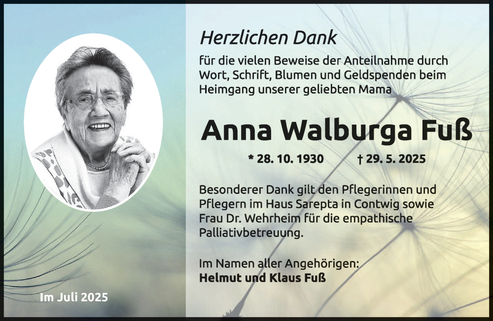  Traueranzeige für Anna Walburga Fuß vom 19.07.2025 aus saarbruecker_zeitung