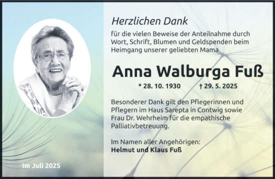 Traueranzeige von Anna Walburga Fuß von saarbruecker_zeitung