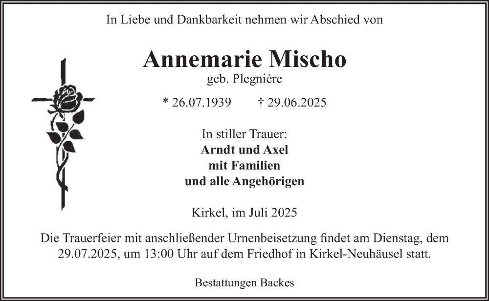  Traueranzeige für Annemarie Mischo vom 24.07.2025 aus saarbruecker_zeitung
