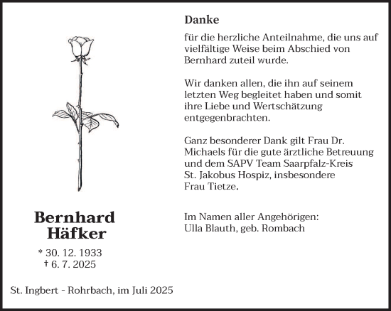 Traueranzeige von Bernhard Häfker von saarbruecker_zeitung