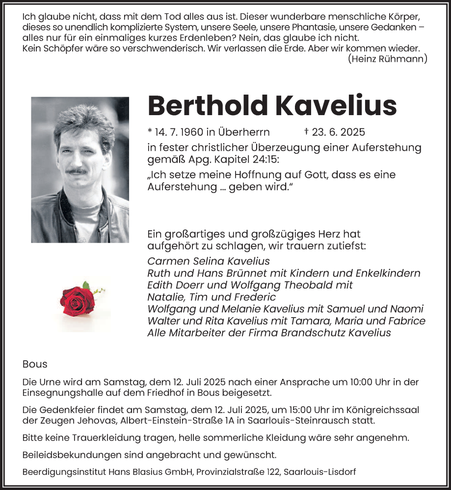  Traueranzeige für Berthold Kavelius vom 05.07.2025 aus saarbruecker_zeitung