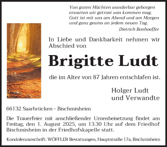 Traueranzeige von Brigitte Ludt von saarbruecker_zeitung