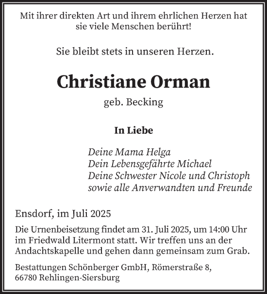 Traueranzeige von Christiane Orman von saarbruecker_zeitung