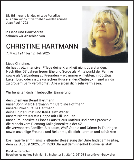 Traueranzeige von Christine Hartmann von saarbruecker_zeitung