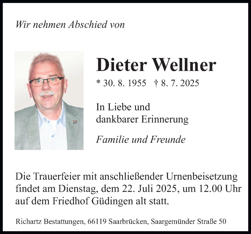  Traueranzeige für Dieter Wellner vom 12.07.2025 aus saarbruecker_zeitung