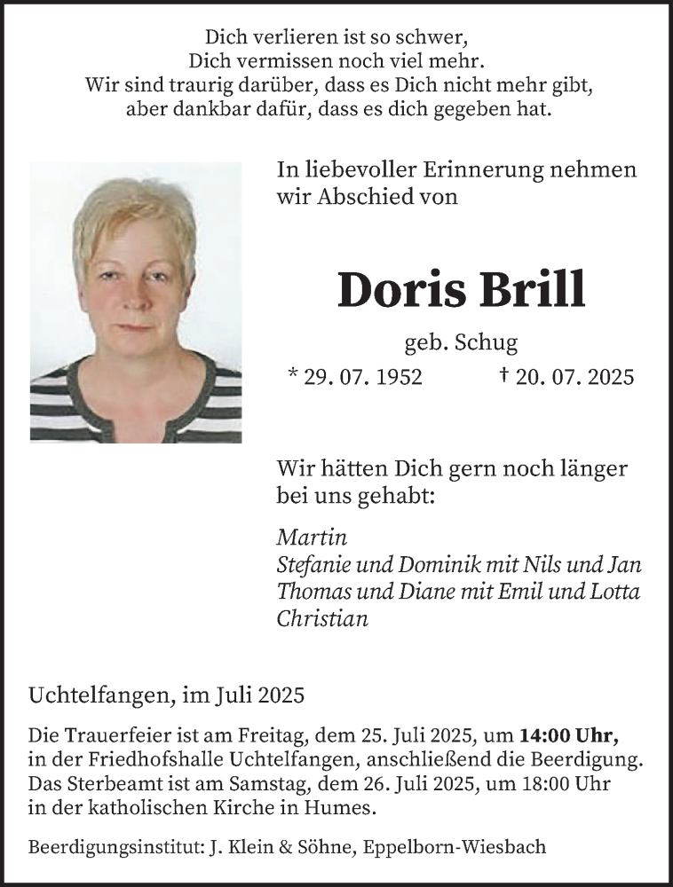  Traueranzeige für Doris Brill vom 23.07.2025 aus saarbruecker_zeitung