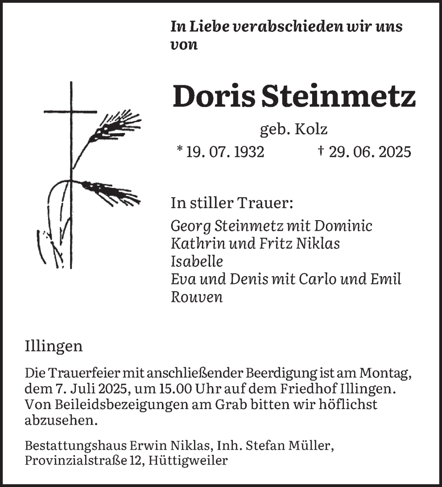  Traueranzeige für Doris Steinmetz vom 05.07.2025 aus saarbruecker_zeitung