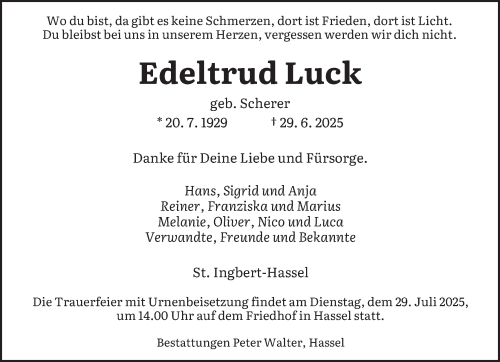  Traueranzeige für Edeltrud Luck vom 05.07.2025 aus saarbruecker_zeitung