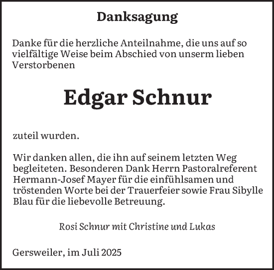 Traueranzeige von Edgar Schnur von saarbruecker_zeitung