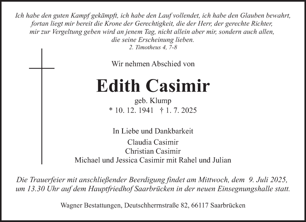  Traueranzeige für Edith Casimir vom 05.07.2025 aus saarbruecker_zeitung