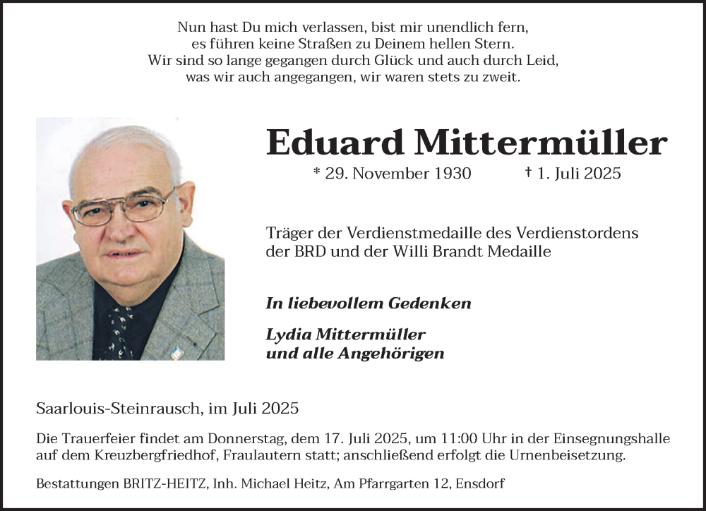  Traueranzeige für Eduard Mittermüller vom 12.07.2025 aus saarbruecker_zeitung