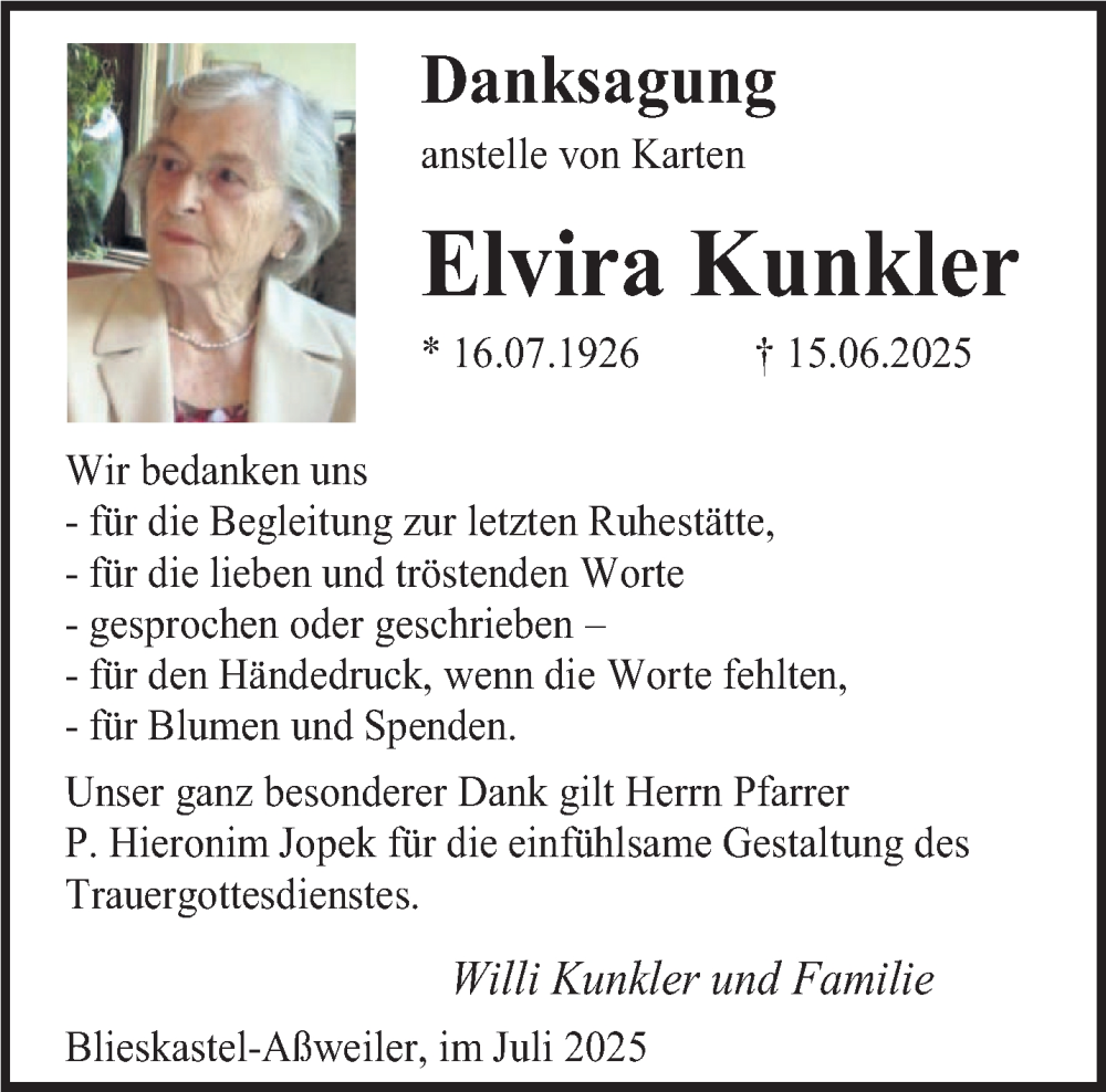  Traueranzeige für Elvira Kunkler vom 12.07.2025 aus saarbruecker_zeitung