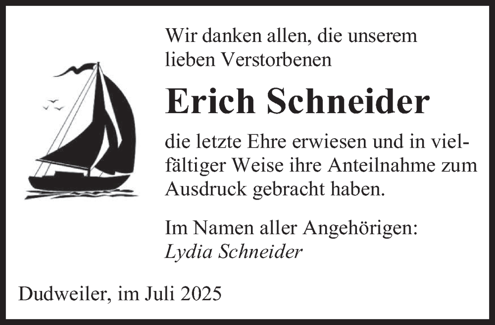  Traueranzeige für Erich Schneider vom 12.07.2025 aus saarbruecker_zeitung