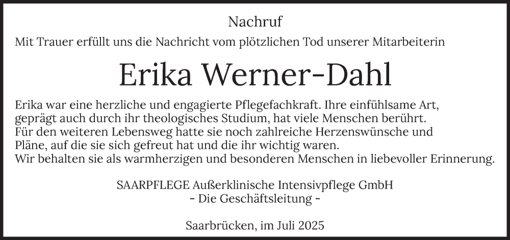  Traueranzeige für Erika Werner-Dahl vom 02.07.2025 aus saarbruecker_zeitung