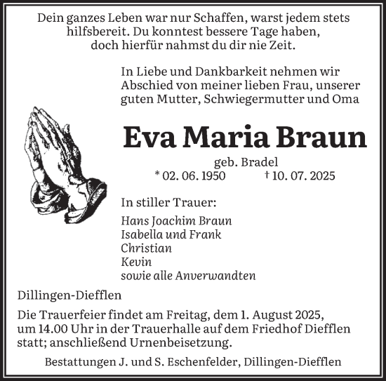 Traueranzeige von Eva Maria Braun von saarbruecker_zeitung