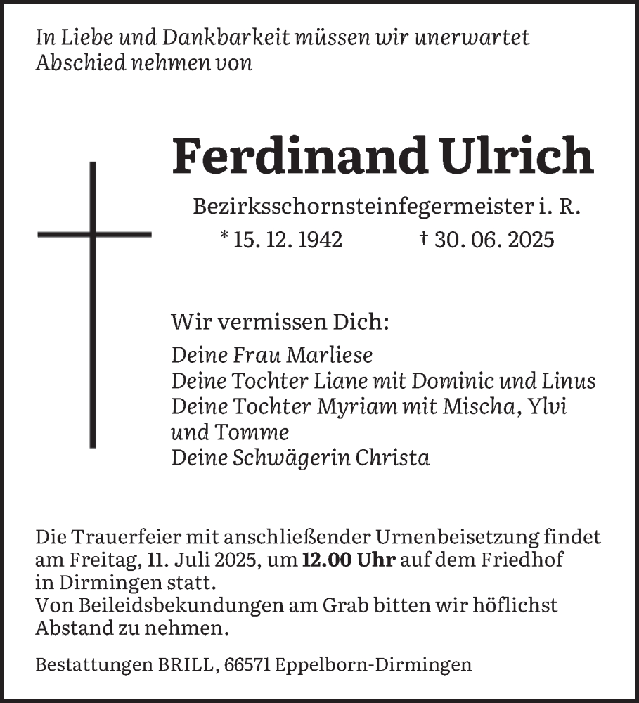  Traueranzeige für Ferdinand Ulrich vom 05.07.2025 aus saarbruecker_zeitung