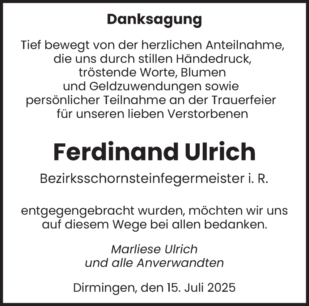  Traueranzeige für Ferdinand Ulrich vom 19.07.2025 aus saarbruecker_zeitung