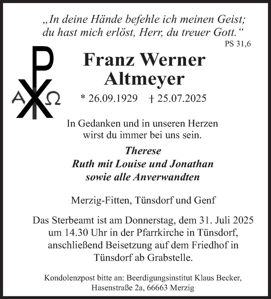  Traueranzeige für Franz Werner Altmeyer vom 30.07.2025 aus saarbruecker_zeitung