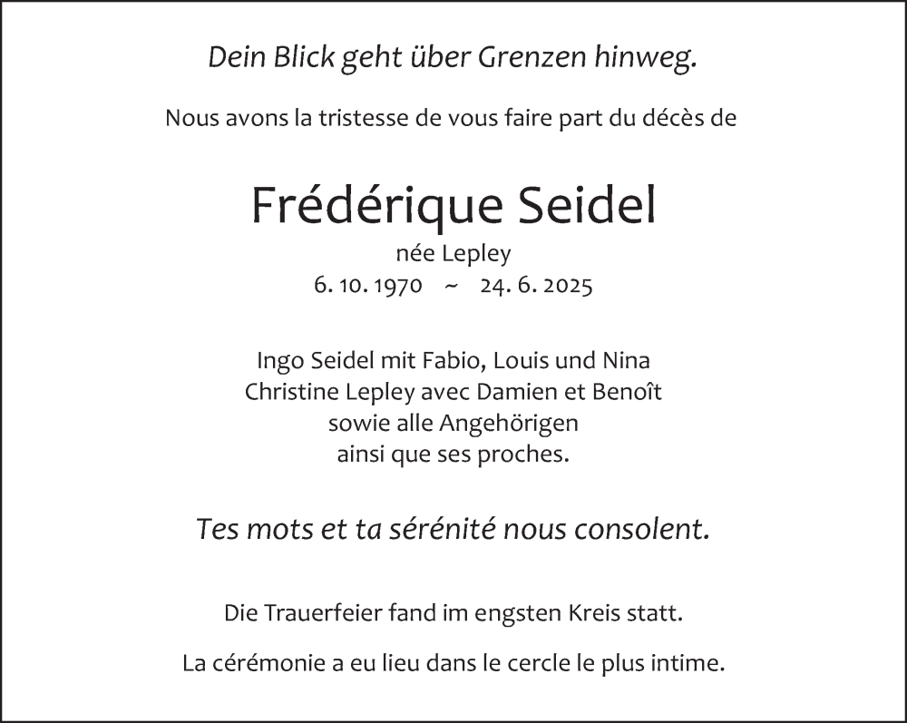  Traueranzeige für Frédérique Seidel vom 12.07.2025 aus saarbruecker_zeitung