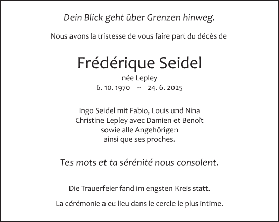 Traueranzeige von Frédérique Seidel von saarbruecker_zeitung