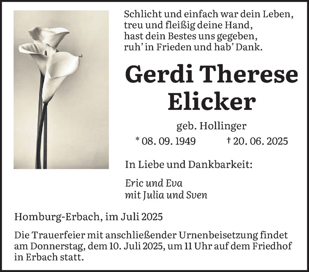  Traueranzeige für Gerdi Therese Elicker vom 05.07.2025 aus saarbruecker_zeitung