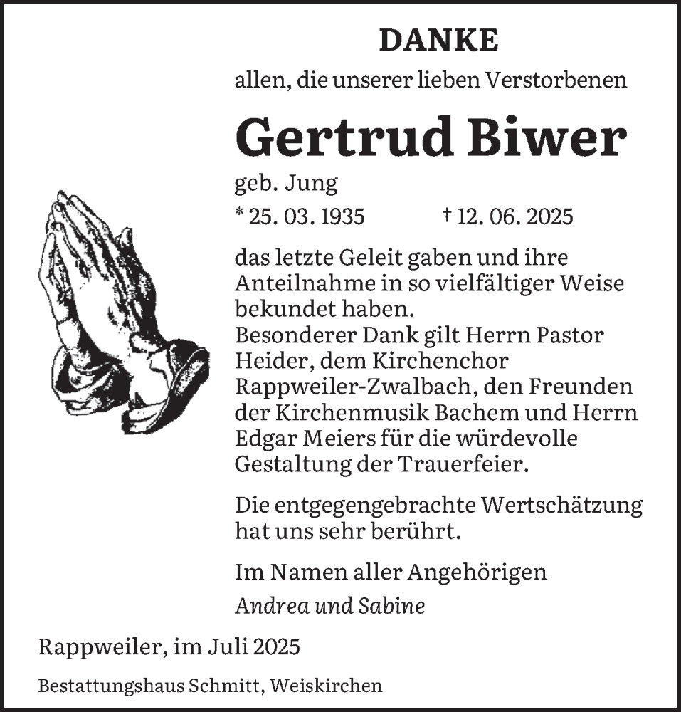  Traueranzeige für Gertrud Biwer vom 02.07.2025 aus saarbruecker_zeitung