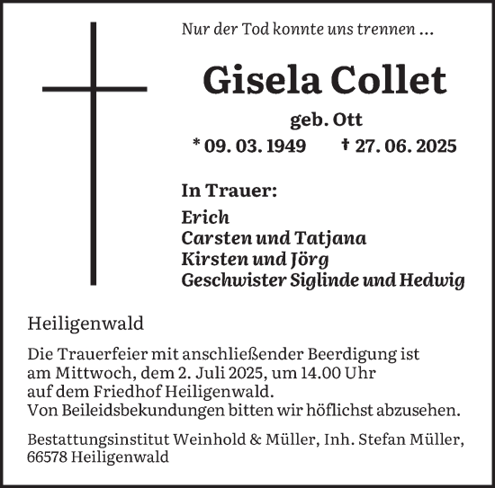 Traueranzeige von Gisela Collet von saarbruecker_zeitung
